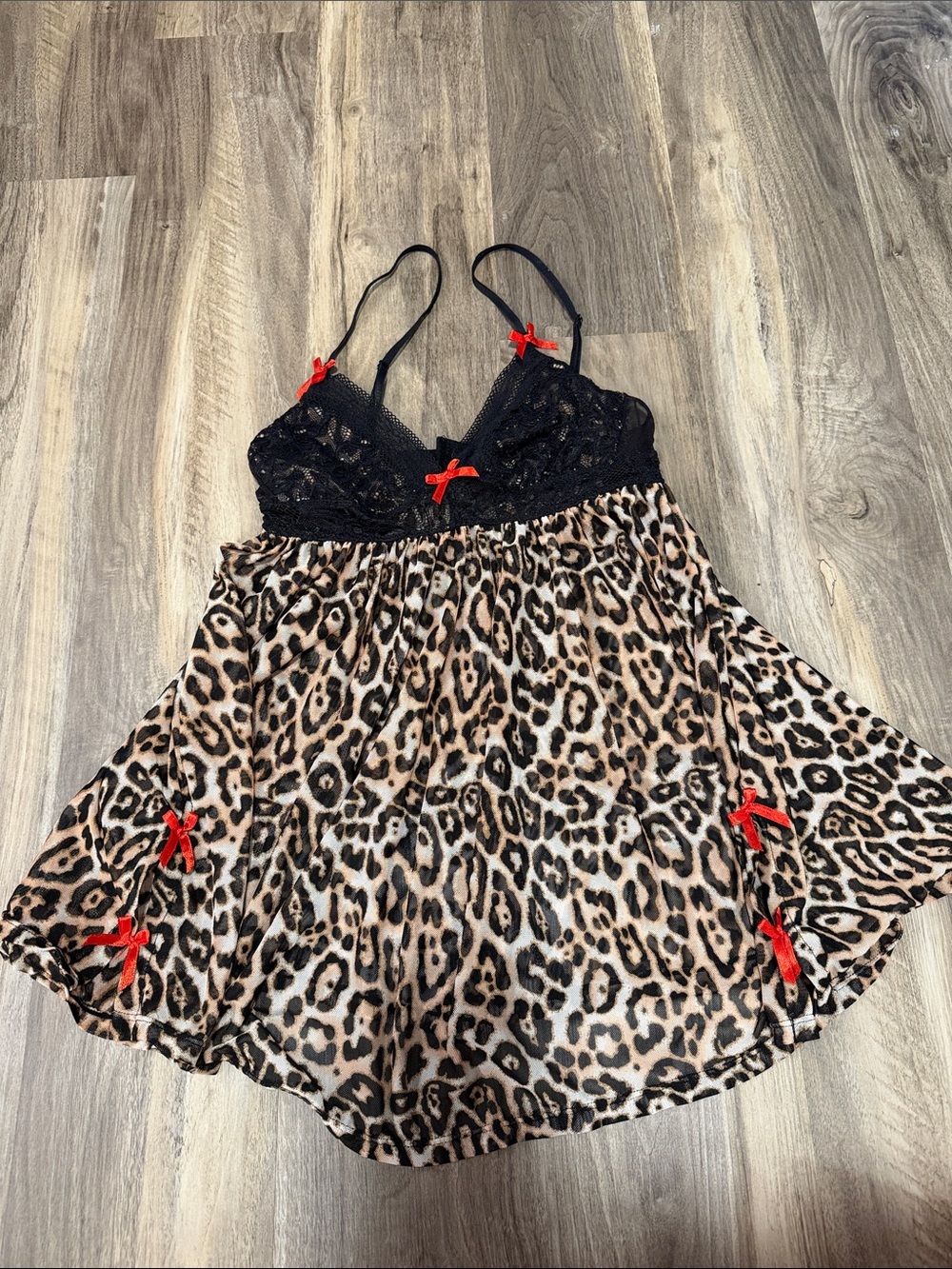 Victoria's Secret Black Lace & Leopard Print Chemise with Red Bows